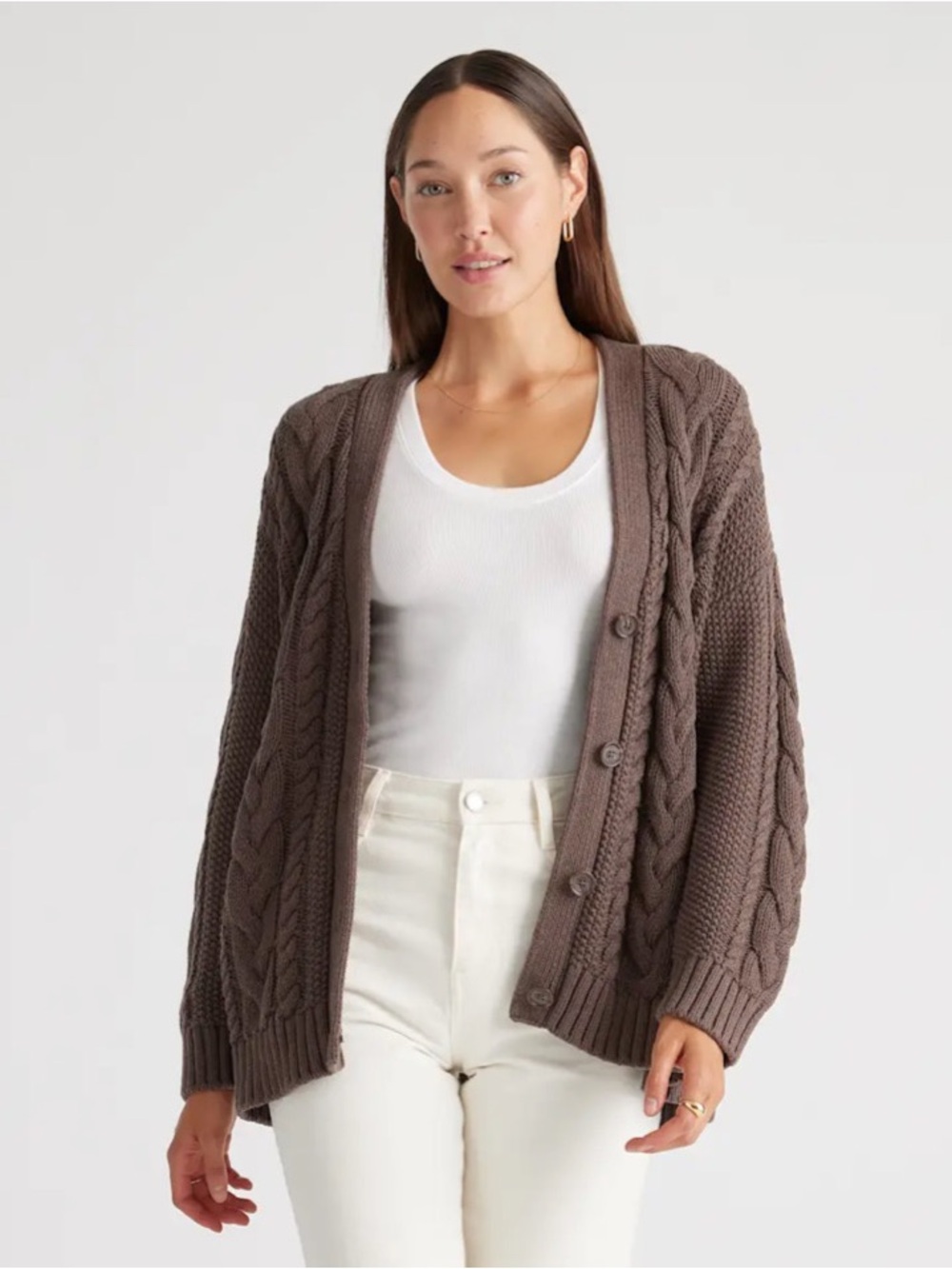 Quince 100% Organic Cotton Oversized Cable Knit Cardigan Heather Brown Large - Picture 16 of 16